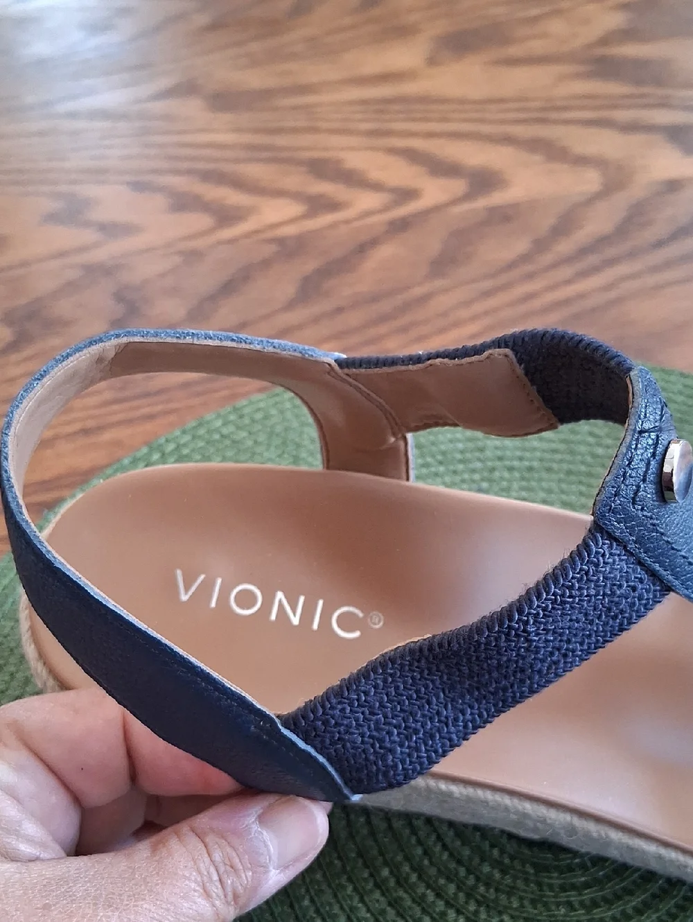 Vionic Calera Navy Blue Leather Stretch Fabric Espadrille Wedge Sandals Size 11